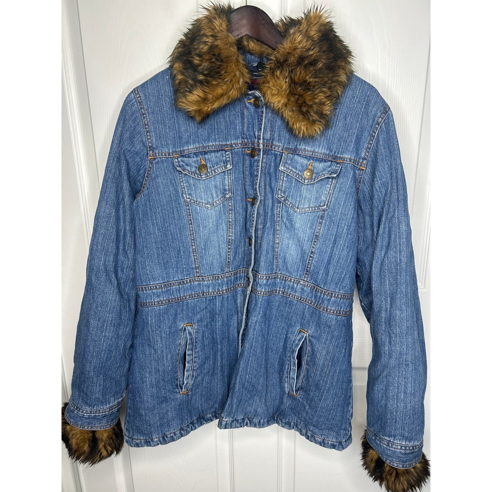 Vtg Faded Glory Denim Jacket Faux Fur Trim Large 12/14 Blue Y2K Penny Lane Style